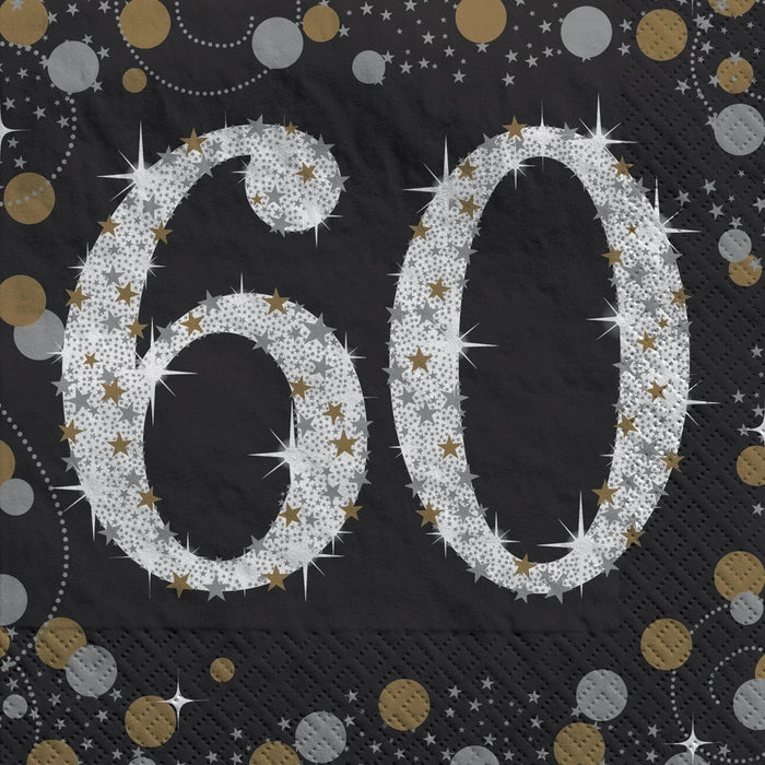 Black cocktail napkin featuring a large sparkling silver "60" with gold stars, surrounded by decorative gold and silver circles and stars.