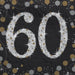 Black cocktail napkin featuring a large sparkling silver "60" with gold stars, surrounded by decorative gold and silver circles and stars.