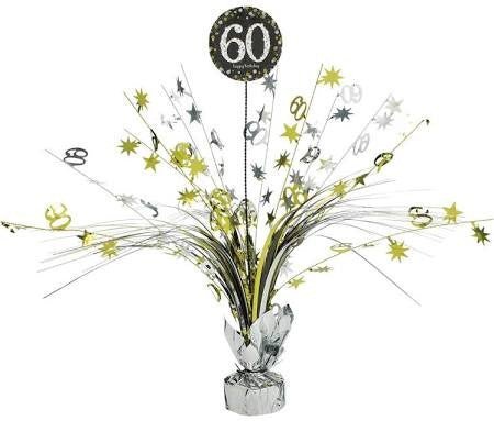 Black balloon with "60" in a silver base vase surrounded by gold and silver star and number sprays fanning outward for a 60th birthday celebration.