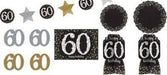 Assorted 60th birthday party decorations including black and gold numbered cutouts, star shapes, and hanging banner pieces with glitter accents.