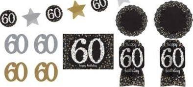 Assorted 60th birthday party decorations including black and gold numbered cutouts, star shapes, and hanging banner pieces with glitter accents.