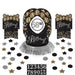 Fifty-one piece 58th birthday decoration set in black, gold, and silver featuring a centerpiece with silver fringe, two banner signs, and scattered stars and circles in various sizes and colors.