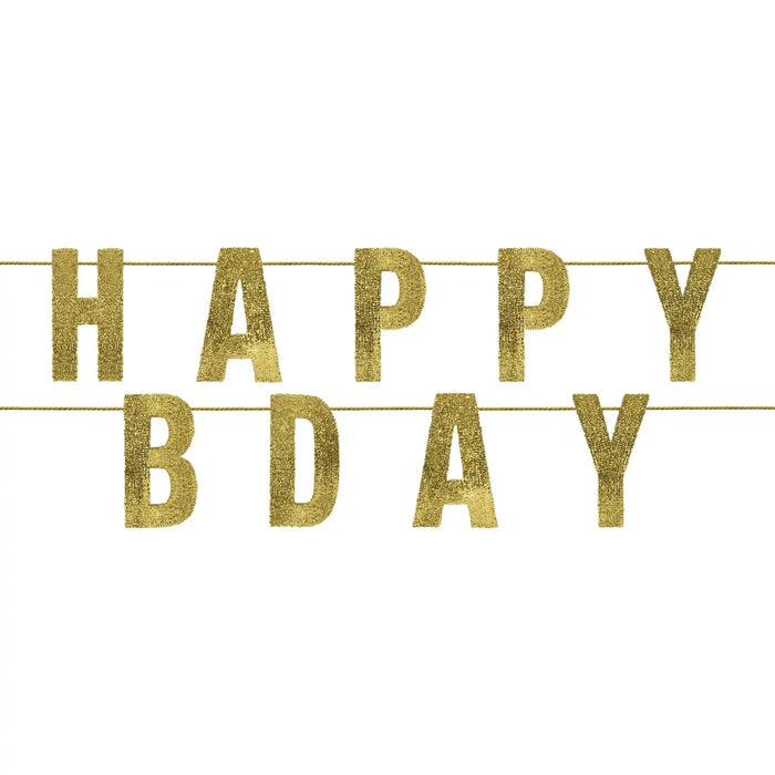 Gold glitter sequin banner strung on twine displaying "HAPPY BDAY" in large textured letters against a white background.