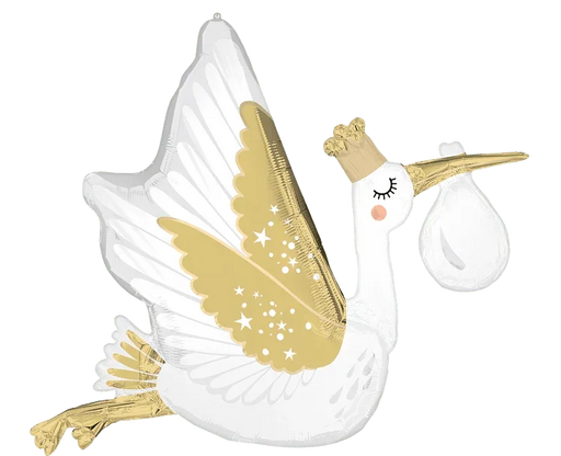 White and gold stork foil balloon featuring a gold wing with white stars, closed eyes, rosy cheeks, and a gold horn, holding a white teardrop bundle.