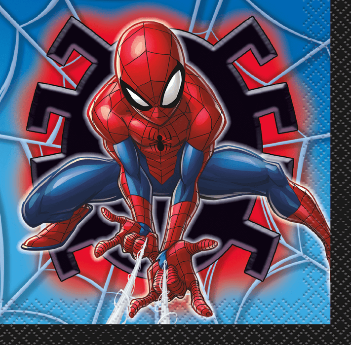 Spider-Man beverage napkin featuring Spider-Man in a crouching action pose with red and blue webbed design, perfect for Spider-Man themed birthday parties and superhero celebrations.