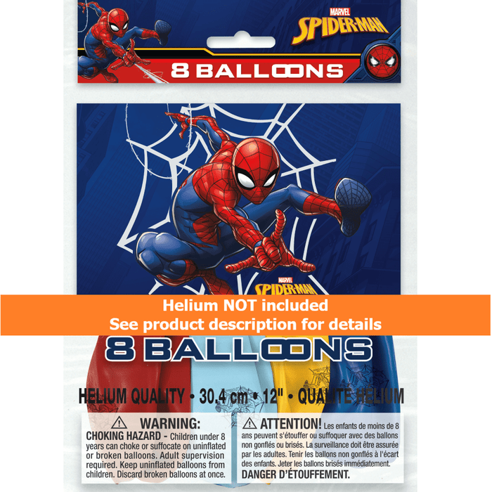Spider-Man 8-pack of 12-inch latex balloons featuring red and blue designs with Spider-Man in action pose against a web pattern on the packaging.