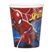 Red and blue paper cup featuring Spider-Man in action pose with web design and yellow "Spider-Man" text on white rim.