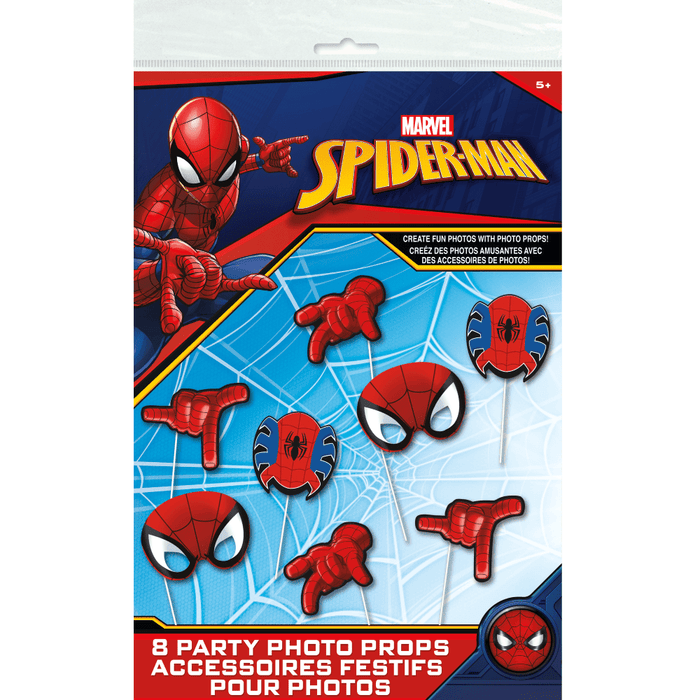 Marvel Spider-Man party photo props set containing 8 red pieces including masks, hands, and web designs on blue packaging with age 5+ label.