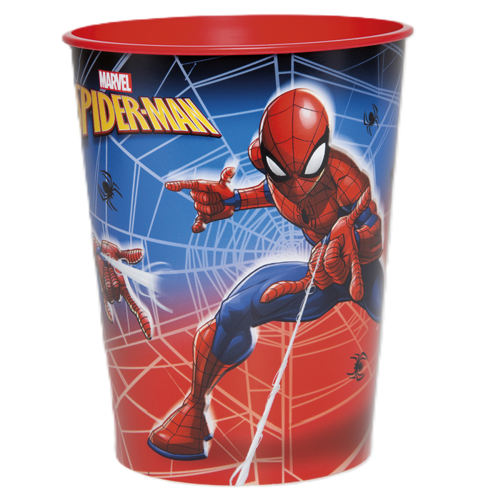 Red plastic cup with Spider-Man in action pose wearing red and blue suit, surrounded by web designs and small spider icons on blue and red gradient background.