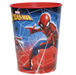 Red plastic cup with Spider-Man in action pose wearing red and blue suit, surrounded by web designs and small spider icons on blue and red gradient background.