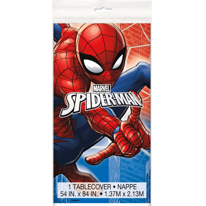 Marvel Spider-Man plastic tablecover featuring Spider-Man in red and blue costume against a cityscape background, measuring 54 inches by 84 inches, packaged in clear plastic wrapper.