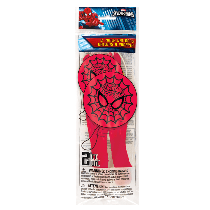 Two red punch balloons featuring Spider-Man's face and web design on circular paddles with handles, packaged in clear plastic with safety warnings.
