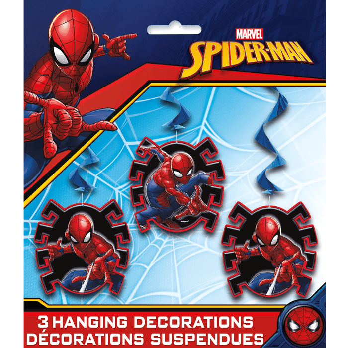 Marvel Spider-Man packaging with three red and black swirl hanging decorations featuring Spider-Man in action poses against a blue web-patterned background.
