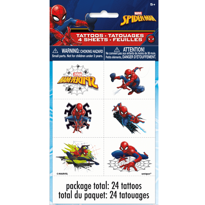 Marvel Spider-Man tattoo sheet package with 24 temporary tattoos across 4 sheets, featuring red and blue Spider-Man action poses, web designs, and logo graphics on white and blue packaging.