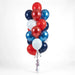 Balloon bouquet featuring bright red, reflex red, navy, metallic blue, and white latex balloons with curling ribbons.