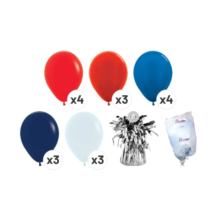 Product kit image showing 4 bright red latex balloons, 3 reflex red latex balloons, 4 metallic blue latex balloons, 3 navy latex balloons, 3 white latex balloons, a matching balloon weight, and a balloon transport bag.