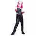 Child's Spider-Gwen costume featuring a white and black bodysuit with pink and magenta accents, matching mask with eye details, pink gloves, black textured pants, and black lace-up boots.