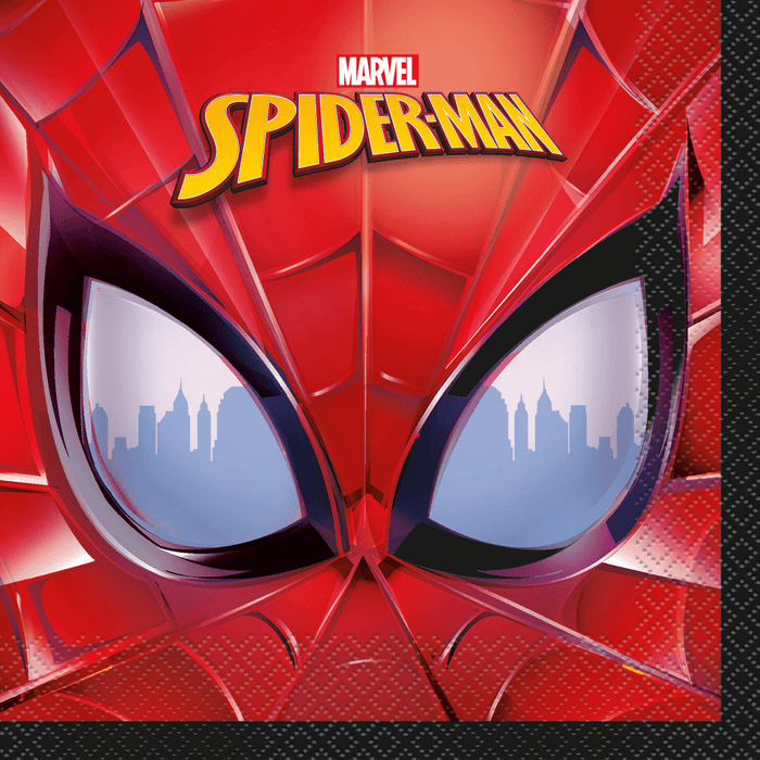 Spider-Man lunch napkin featuring a close-up of Spider-Man’s red mask with reflective city skyline details, perfect for Spider-Man themed birthday parties and superhero celebrations.