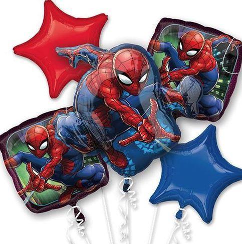Five mylar balloons featuring Spider-Man in various action poses with red and blue star-shaped balloons included in the bouquet.