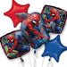 Five mylar balloons featuring Spider-Man in various action poses with red and blue star-shaped balloons included in the bouquet.