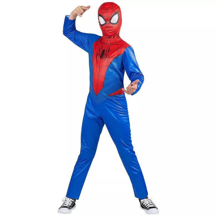Child wearing a blue and red Spider-Man costume with full-face mask, striking a heroic pose with fist raised and legs spread wide.