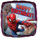 Square foil balloon featuring Spider-Man in red and blue costume swinging between city buildings with "HAPPY BIRTHDAY!" text in red letters against a blue sky background.