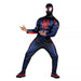 Person wearing a blue and black Spider-Man Miles Morales costume with red spider logo on chest, red-trimmed mask with white eye lenses, and matching blue and red padded jacket and pants.