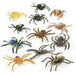 Collection of twelve realistic toy spiders in various colors including yellow, black, brown, blue, and tan, arranged on a white background.