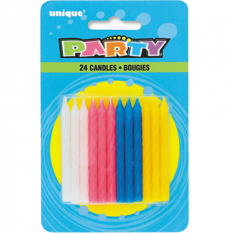 Pack of 24 colorful spiral birthday candles in white, pink, red, blue, and yellow displayed on blue packaging with yellow circular background.