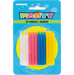 Pack of 24 colorful spiral birthday candles in white, pink, red, blue, and yellow displayed on blue packaging with yellow circular background.