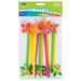 Package of twelve colorful plastic pinwheels with neon two-tone designs in orange, pink, green, and yellow, each featuring a flower-shaped top and striped stick handle.