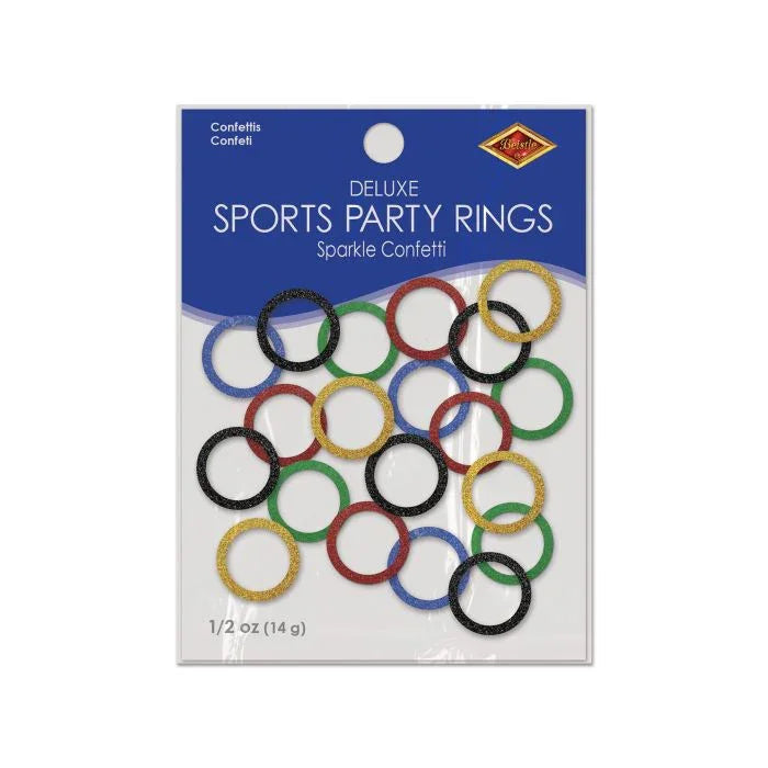 Package of deluxe sparkle confetti sports party rings in blue, red, black, green, and gold colors arranged in rows on blue and white packaging.