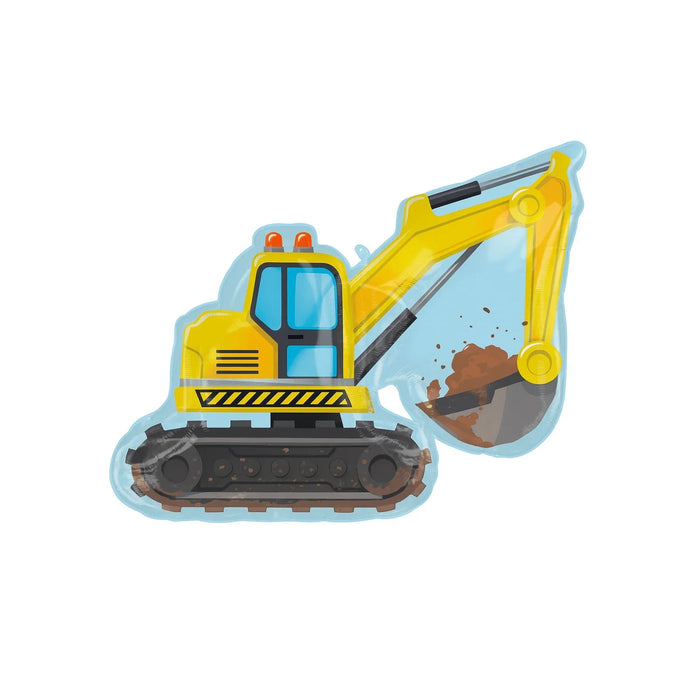 Bright yellow excavator with blue cab and black treads on light blue background, shown in profile with bucket extended downward scooping brown soil.