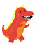 Red and yellow cartoon dinosaur balloon with orange belly stripes, white teeth, and dot patterns, standing upright with a cheerful expression.