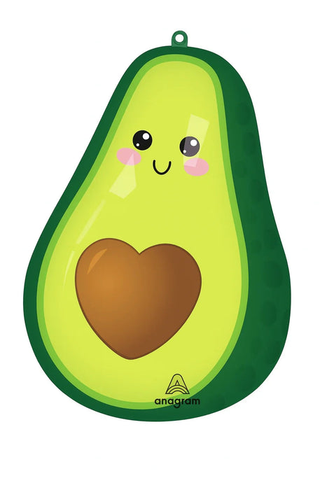 Cute cartoon avocado character with a smiling face, pink cheeks, and a heart-shaped pit in the center, designed as a green mylar balloon.