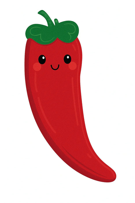 Cute cartoon red chili pepper balloon with a smiling face, black eyes, rosy cheeks, and green leafy stem on top.