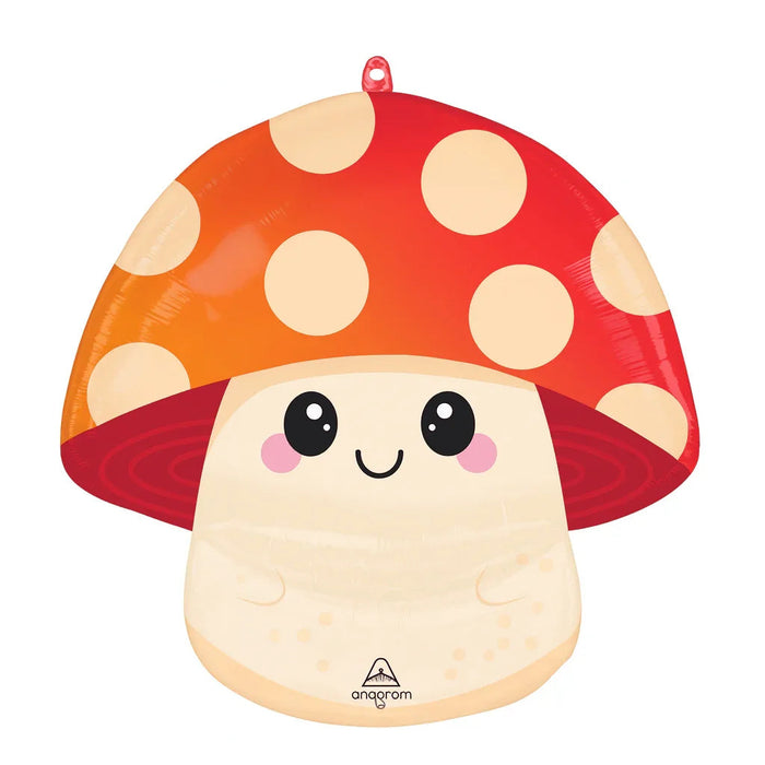 Cute red and cream mushroom-shaped foil balloon with white polka dots, black eyes with white highlights, pink cheeks, and a smiling mouth.