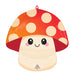 Cute red and cream mushroom-shaped foil balloon with white polka dots, black eyes with white highlights, pink cheeks, and a smiling mouth.