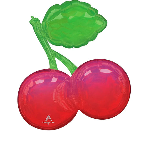 Red iridescent mylar balloon shaped like two connected cherries with a green leaf and stem, featuring reflective shine and dimension.