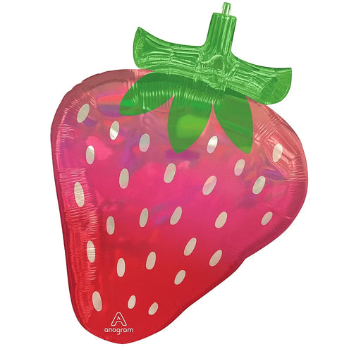 Large red foil balloon shaped like a strawberry with white seed details, green leaves at the top, and an iridescent finish with pink and purple highlights.