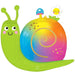 Colorful mylar balloon shaped like a smiling snail with a bright green body and head with antenna, rainbow gradient shell in blue, yellow, orange, and pink, and a cheerful daisy flower decoration on top.