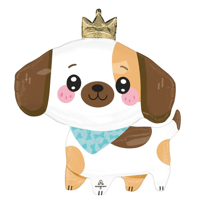 Foil balloon shaped like a cute puppy with brown and white coloring, pink cheeks, large expressive eyes, a gold crown on its head, and a turquoise bandana around its neck.