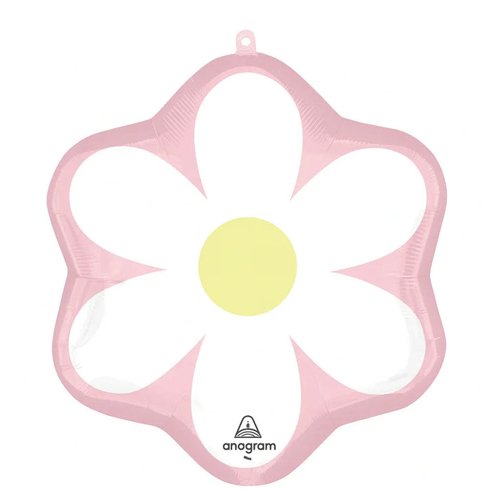 Pink mylar balloon shaped like a daisy flower with white petals, a yellow center circle, and an anogram logo at the bottom.