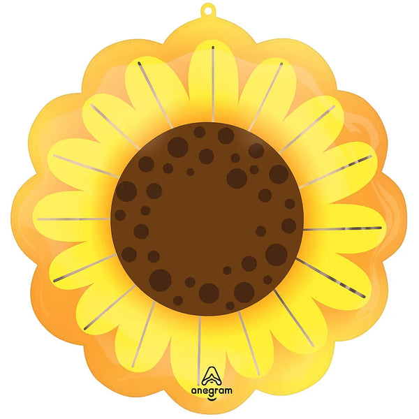 Bright yellow sunflower-shaped mylar balloon with brown center disk and layered orange petals, featuring a hanging loop at the top.