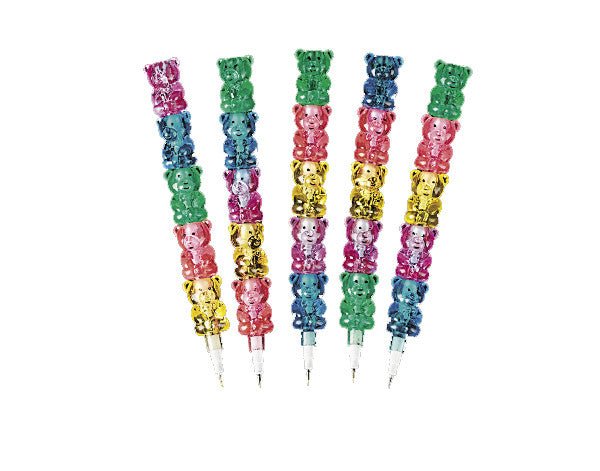 Set of colorful stackable bear pencils featuring bear-shaped pieces in assorted pink, blue, green, yellow, and purple colors.
