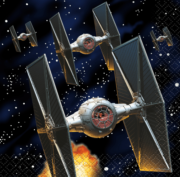Pack of 16 Star Wars TIE Fighter napkins featuring gray and black starships with gold solar panels against a starry space background.