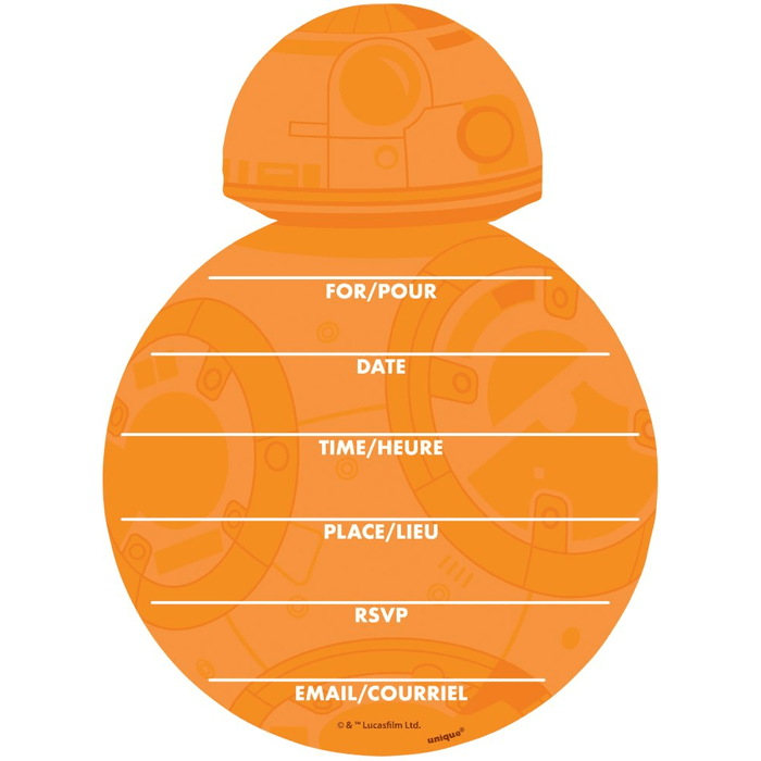 Orange BB-8 droid-shaped invitation cards with white text fields for event details including date, time, place, RSVP, and email contact information.