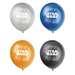 Four Star Wars logo balloons in silver, blue, orange, and black with radiating line design around the white text.