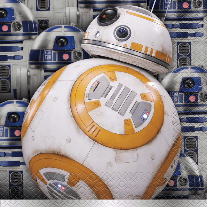 White and orange spherical droid with blue dome head displayed against blue and white patterned background featuring matching droid designs.