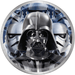 Round paper plate featuring Darth Vader's black helmet prominently centered with white Stormtroopers visible in the background on a blue and gray design.